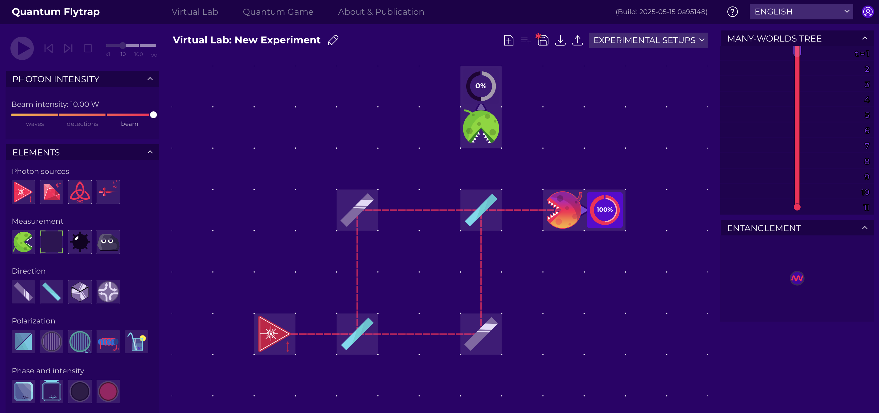 Screenshot of the Mach-Zehnder interferometer experiment setup in the Quantum Flytrap virtual lab.