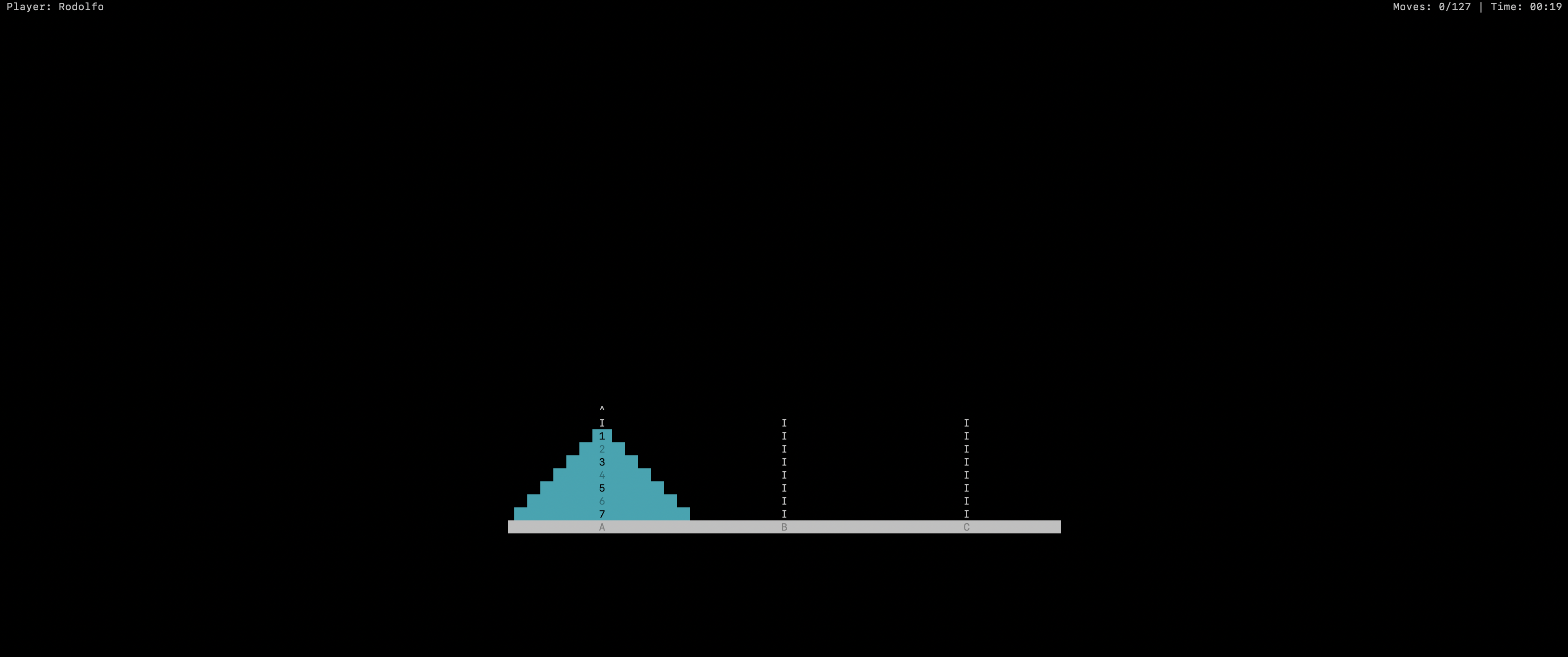 Terminal screenshot of the Tower of Hanoi game.